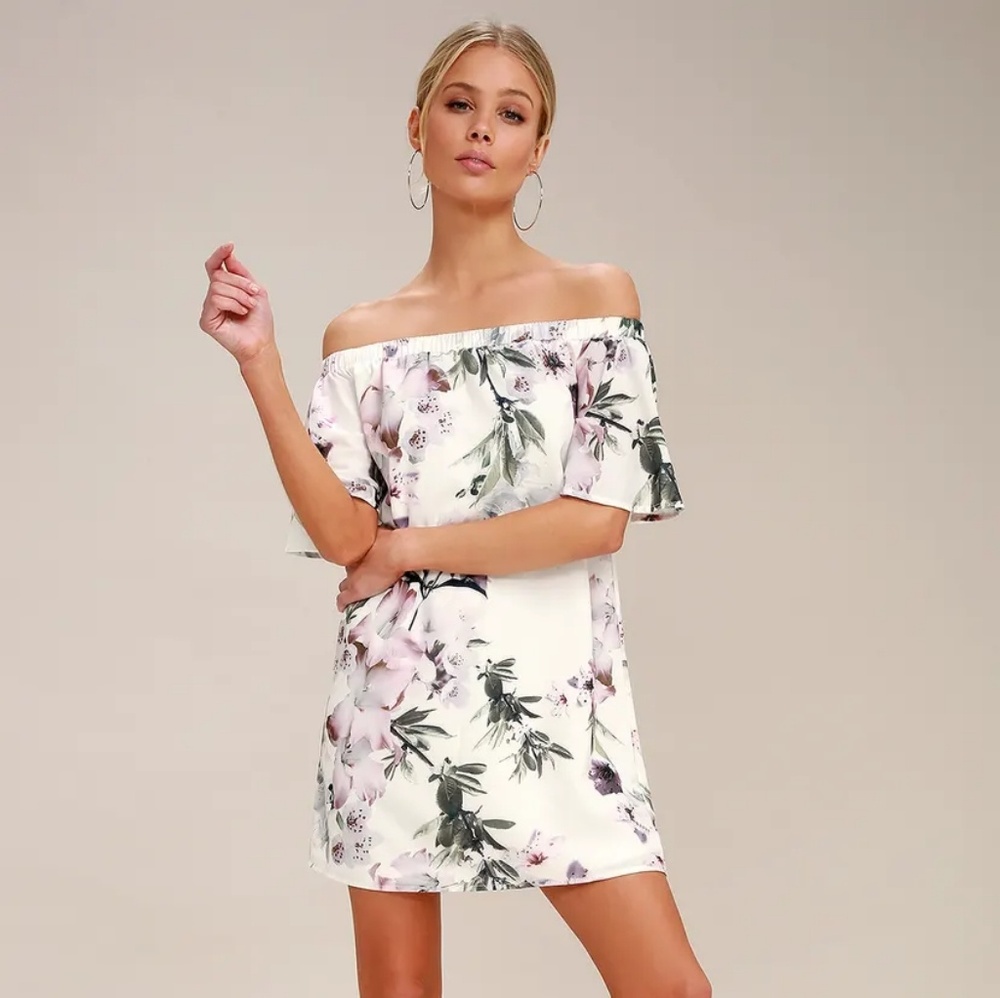 Lulus off the shoulder floral white shift dress